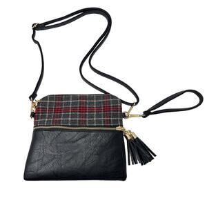 Jen & Co Black Gray Red Izzy Plaid Crossbody Bag Vegan Leather Zip Top Pockets